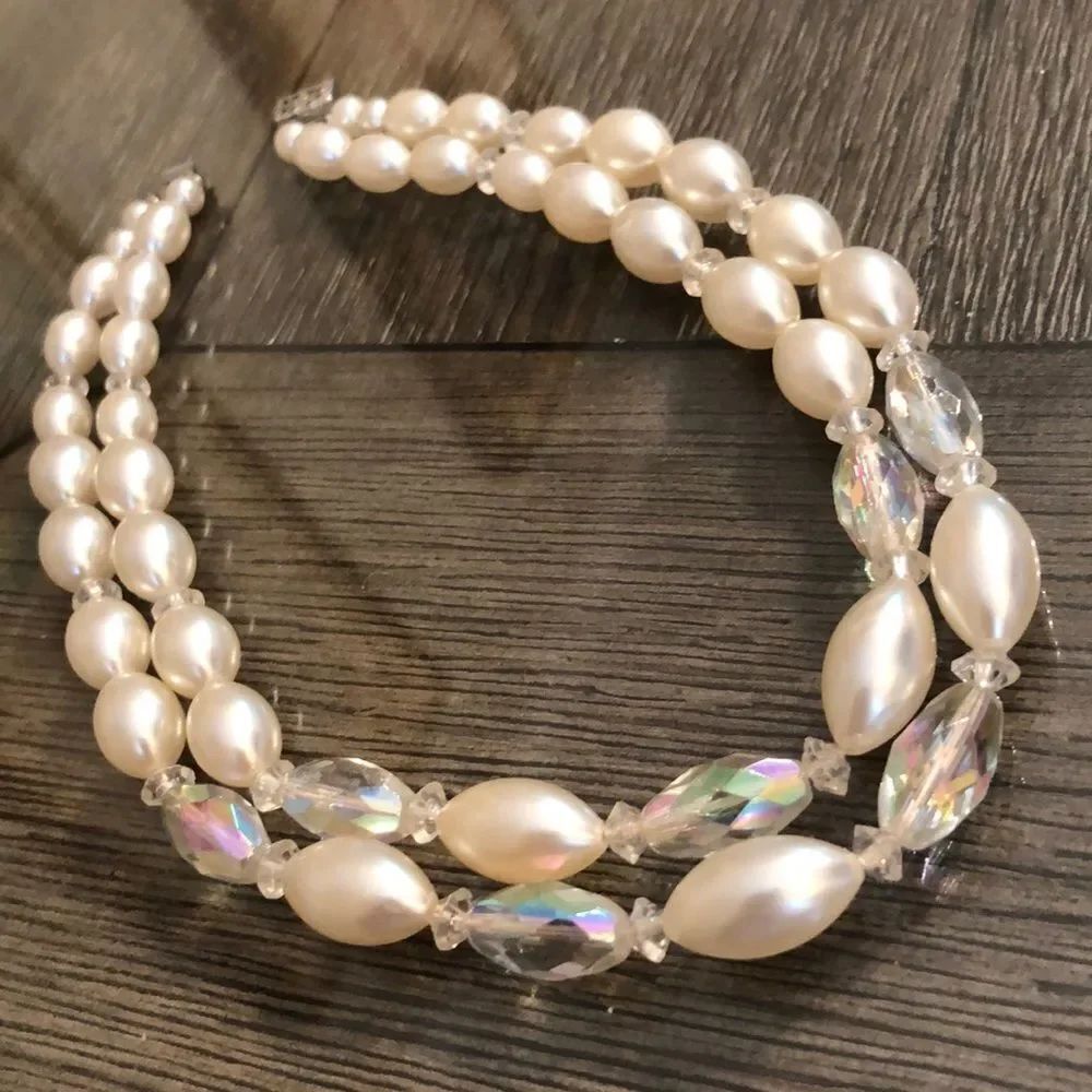 Vintage Two Strand Pearl & Crystal Choker 14”